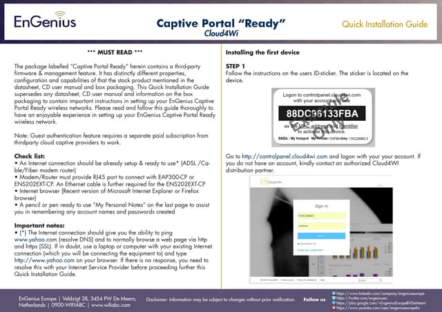 Quick Installation Guide Captive Portal Cloud4Wi English