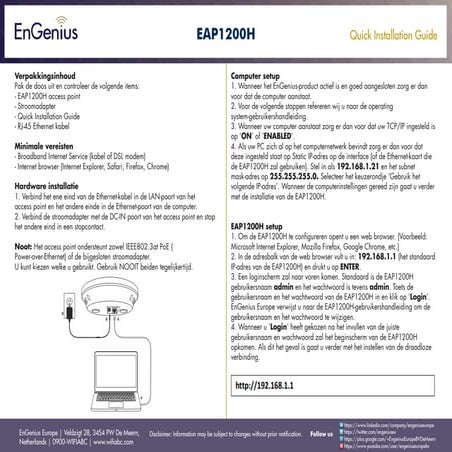 Quick Installation Guide EAP900H Dutch | PDF