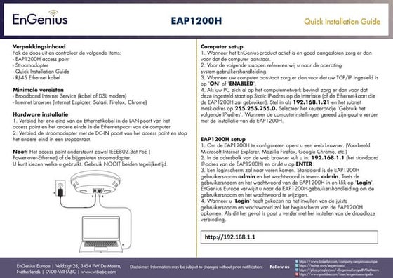 Quick Installation Guide EAP350 Dutch | PPT