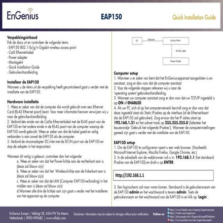 Quick Installation Guide EAP350 Dutch | PDF