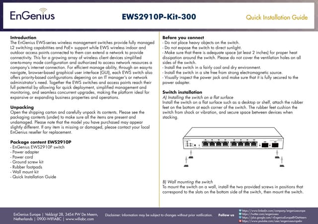 Quick Installation Guide EWS2910P-Kit-300 English