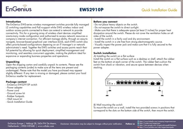 Quick Installation Guide EWS2910P English