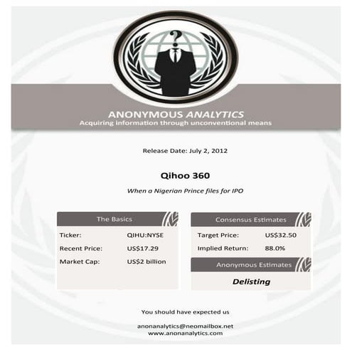 Anonymous Analytics calls QIHU out for Fraud