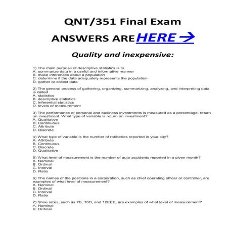Qnt 351 qnt351 final exam correct 100%