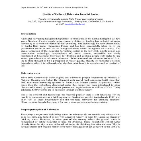 Sri Lanka;  Quality of Collected Rainwater from Sri Lanka
