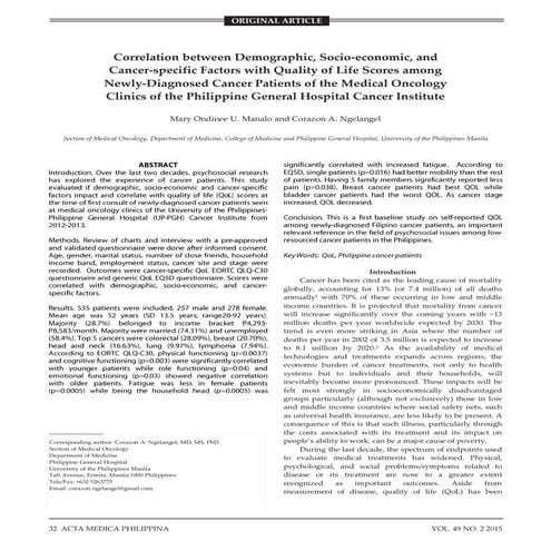 Quality of Life of the Filipino Cancer Patient