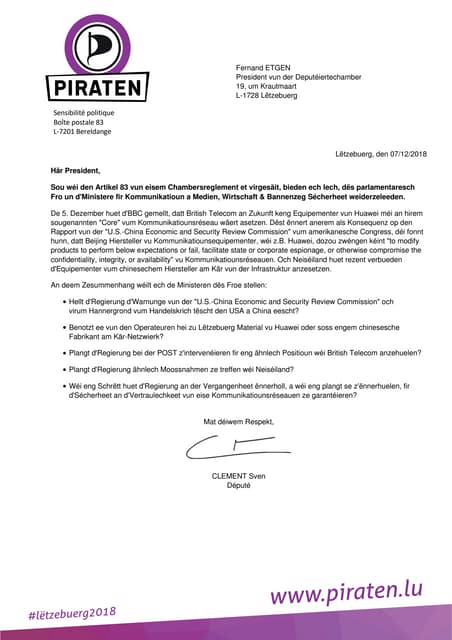 Question Parlementaire Sven Clement zu Huawei