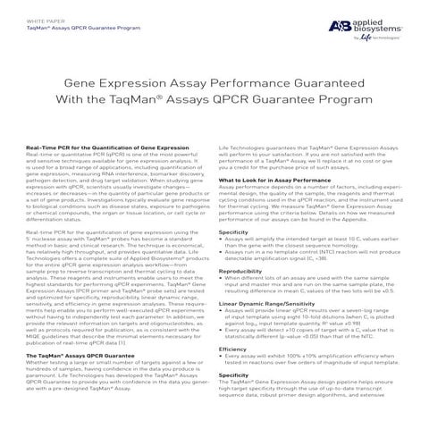 Gene Expression Assay Performance Guaranteed With the TaqMan® Assays QPCR Gua...