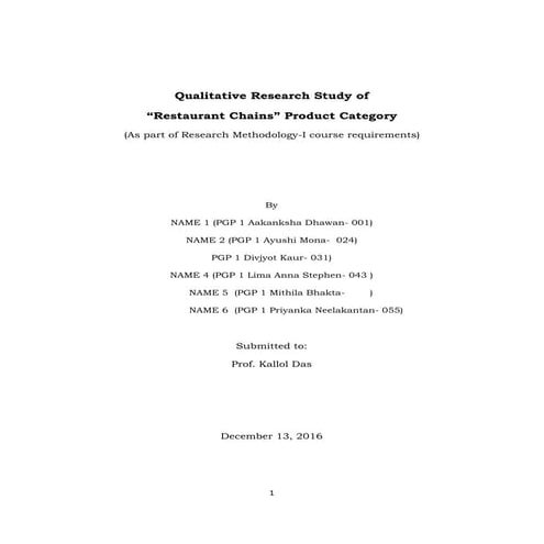 Quick Service Restaurants: Primary Study