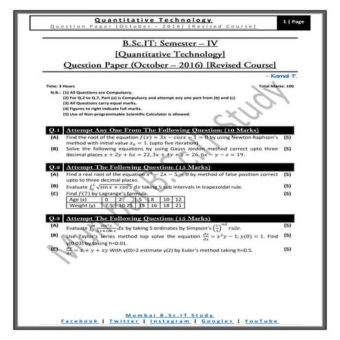 Numerical and Statistical Methods (Question Paper) [April – 2017 | 75: ...
