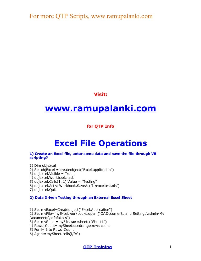 qtp excel sheet methods workbooks open c