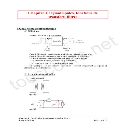 Quadripôles, fonctions de transfert, filtres