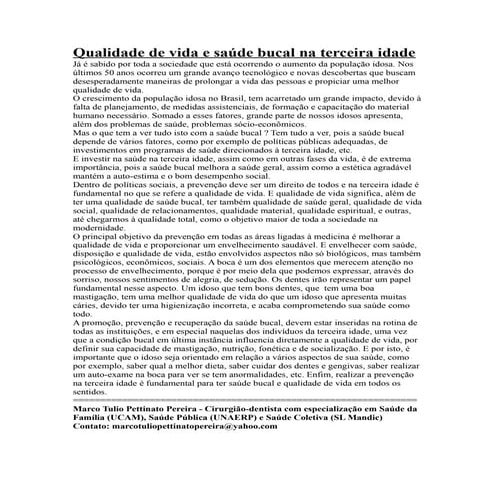 Qualidade de vida e saúde bucal na terceira idade | PDF