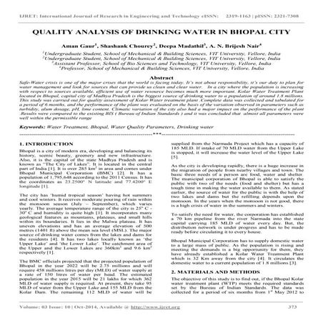 Quality analysis of drinking water in bhopal city