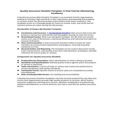 Unlock Efficiency with a Quality Assurance Checklist Template 🚀 | PDF