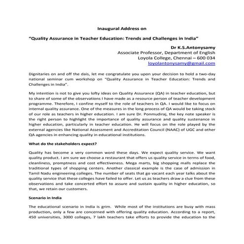 Quality Assurance in Teacher Education: Trends and Challenges in India