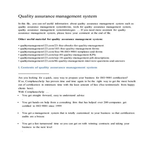 Quality assurance management system