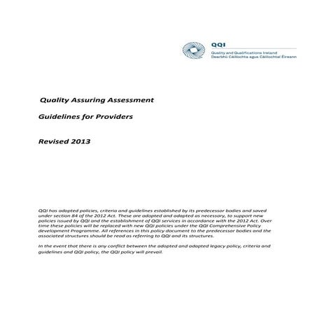 Quality assuring assessment   guidelines for providers, revised 2013