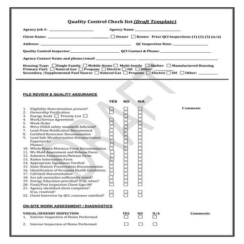 Pennsylvania Weatherization Quality Control Inspection Checklist