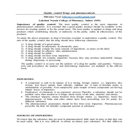 Quality control drugs and pharmaceuticals