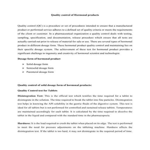 Quality control for hormonal product