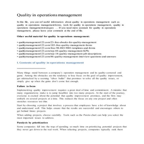 Quality in operations management