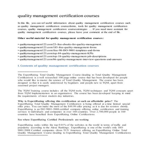 Quality management certification courses | DOCX | Educational ...