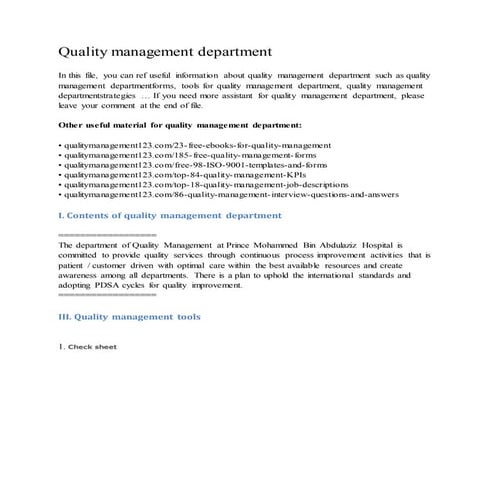 Quality management department
