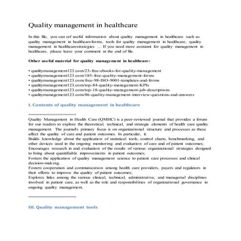 Quality management in healthcare