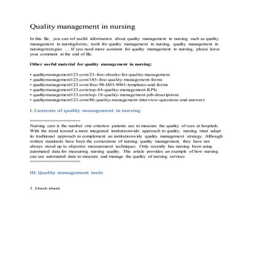 Quality management in nursing