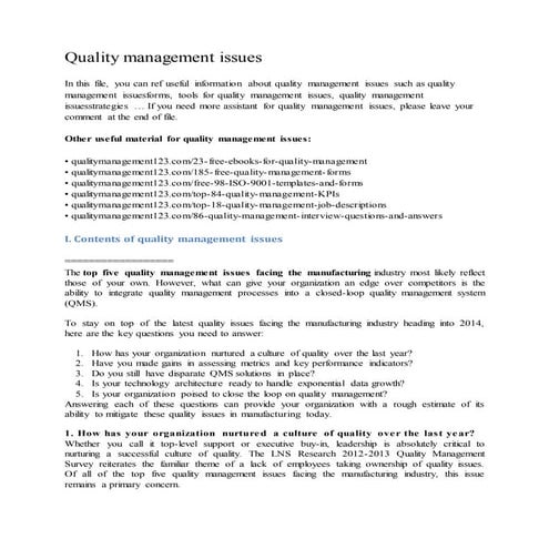 Quality management issues