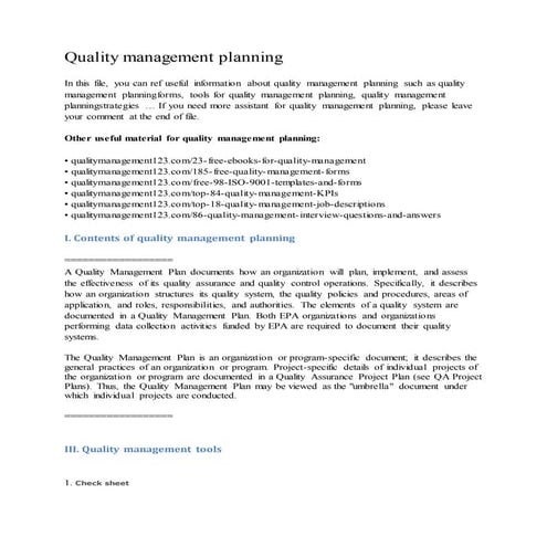Quality management planning