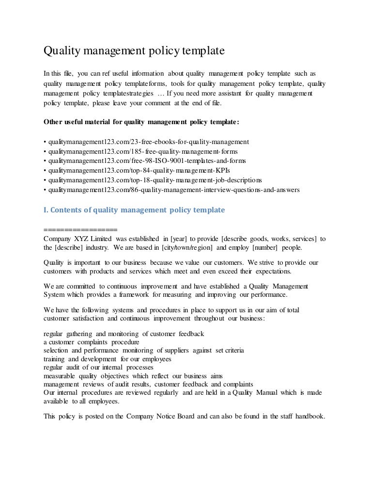 quality management policy template free quality assurance policy template