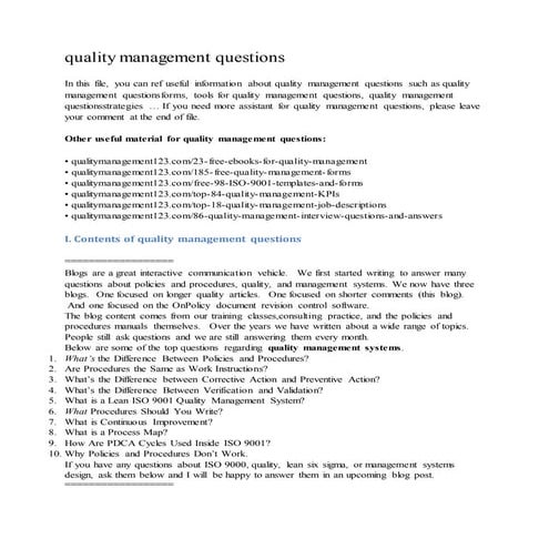 Quality management questions