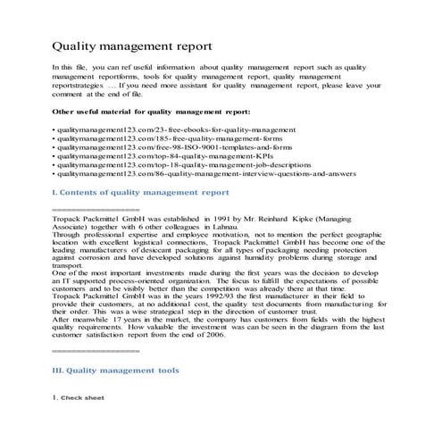 Quality management report