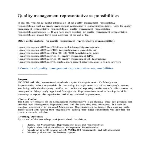 Quality management representative responsibilities