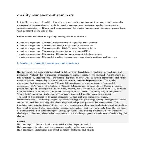 Quality management seminars
