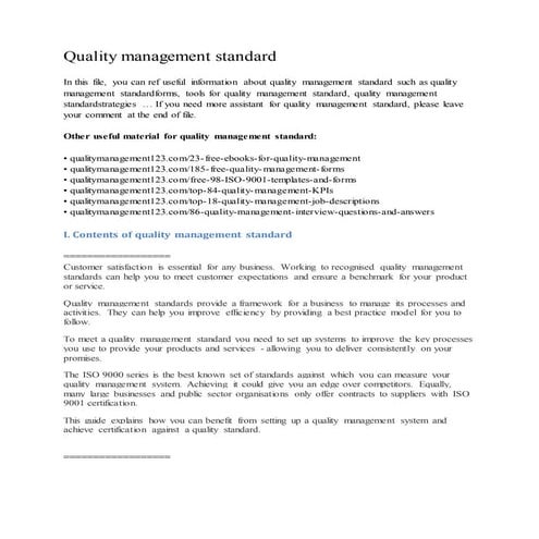 Quality management standard
