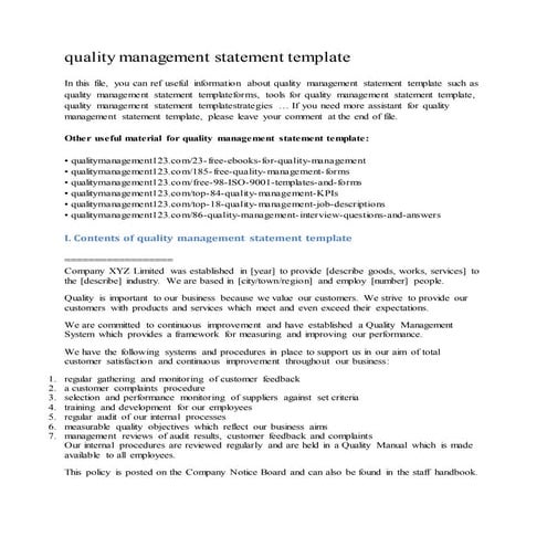 Quality management statement template