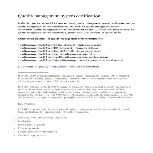 Quality management system certification