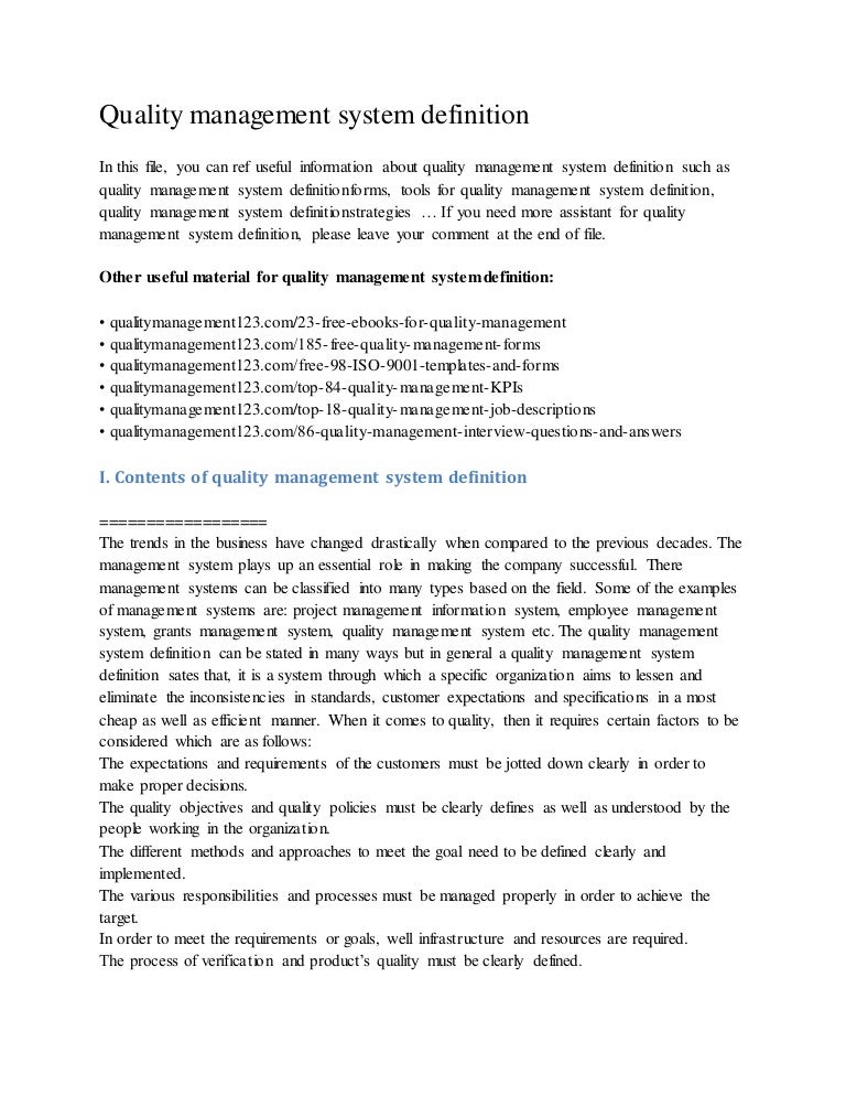 Quality management system definition