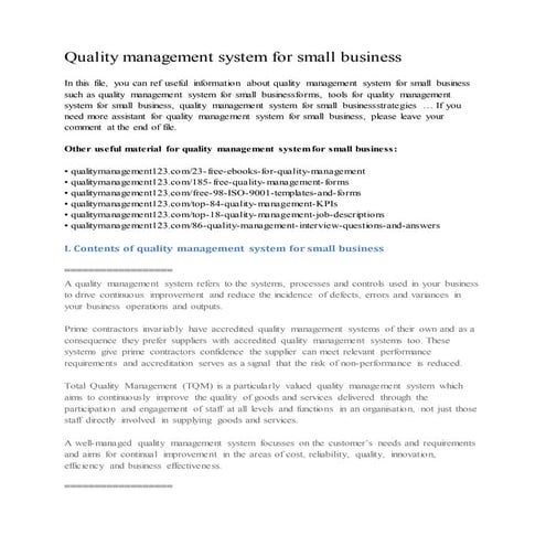 Quality management system for small business
