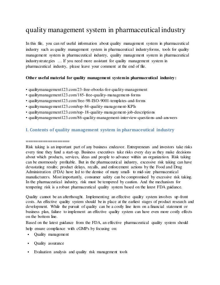 Quality management system in pharmaceutical industry