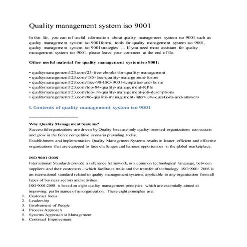 Quality management system iso 9001