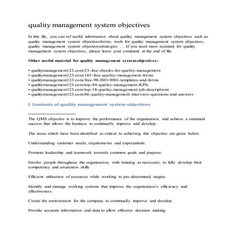 Quality management system objectives