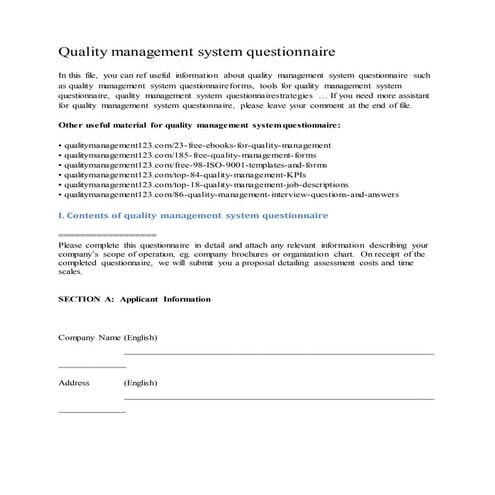 Quality management system questionnaire