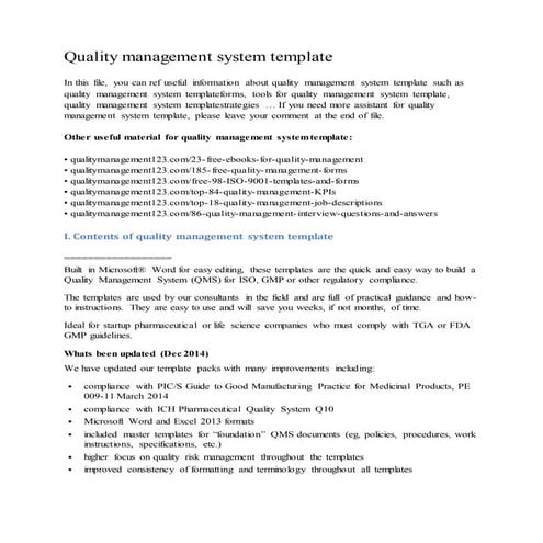 Quality management system template