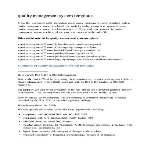 Quality management system templates