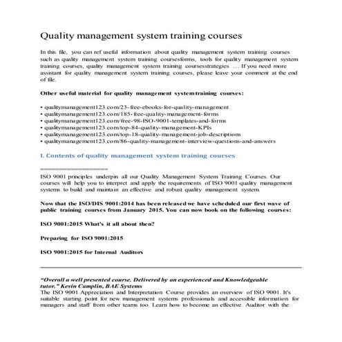 Quality management system training courses