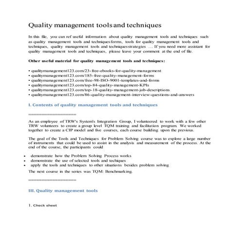 Quality management tools and techniques